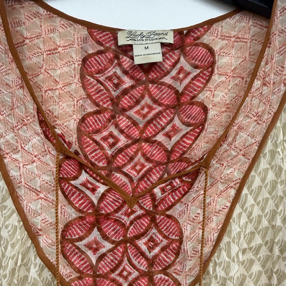 Lucky Brand Boho Cream Tunic with Red Embroidered Yoke and Tassels - Picture 2 of 5